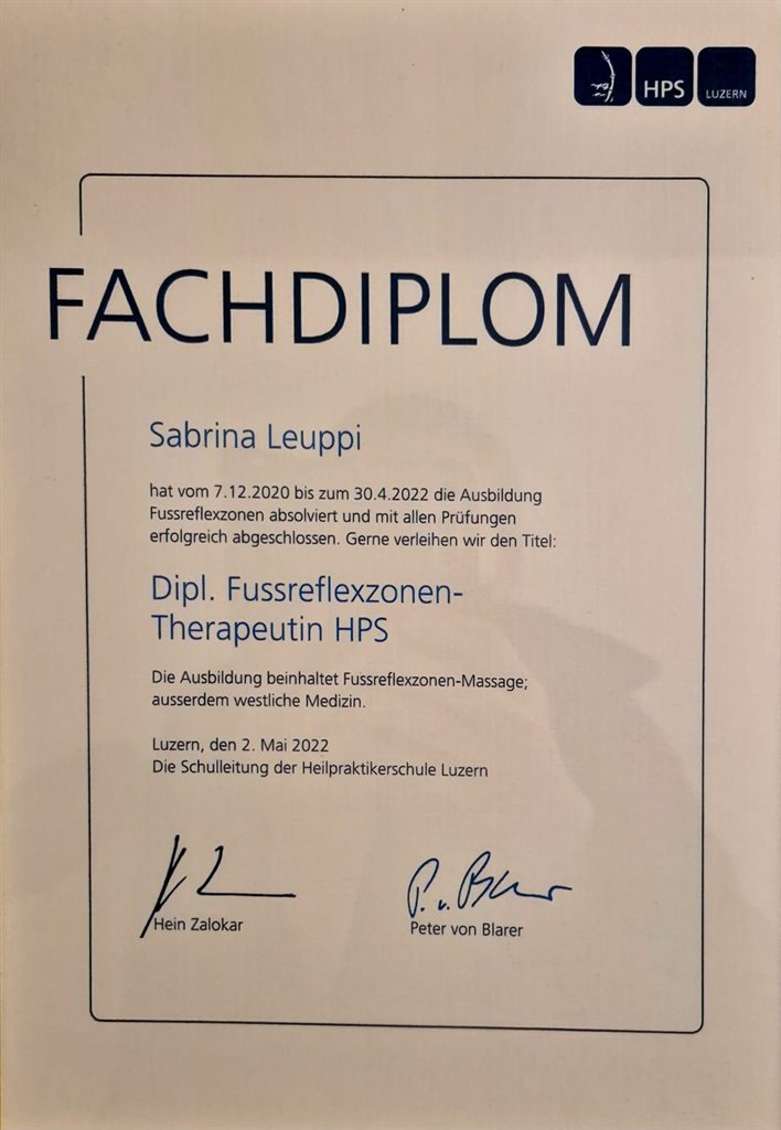 Fachdiplom Dipl. Fussreflexzonen-Therapeutin HPS Luzern, Mai 2022