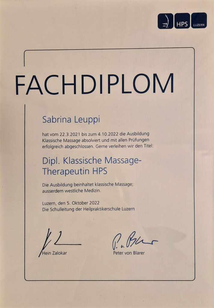 Fachdiplom Dipl. Klassische Massage-Therapeutin HPS Luzern, Oktober 2022