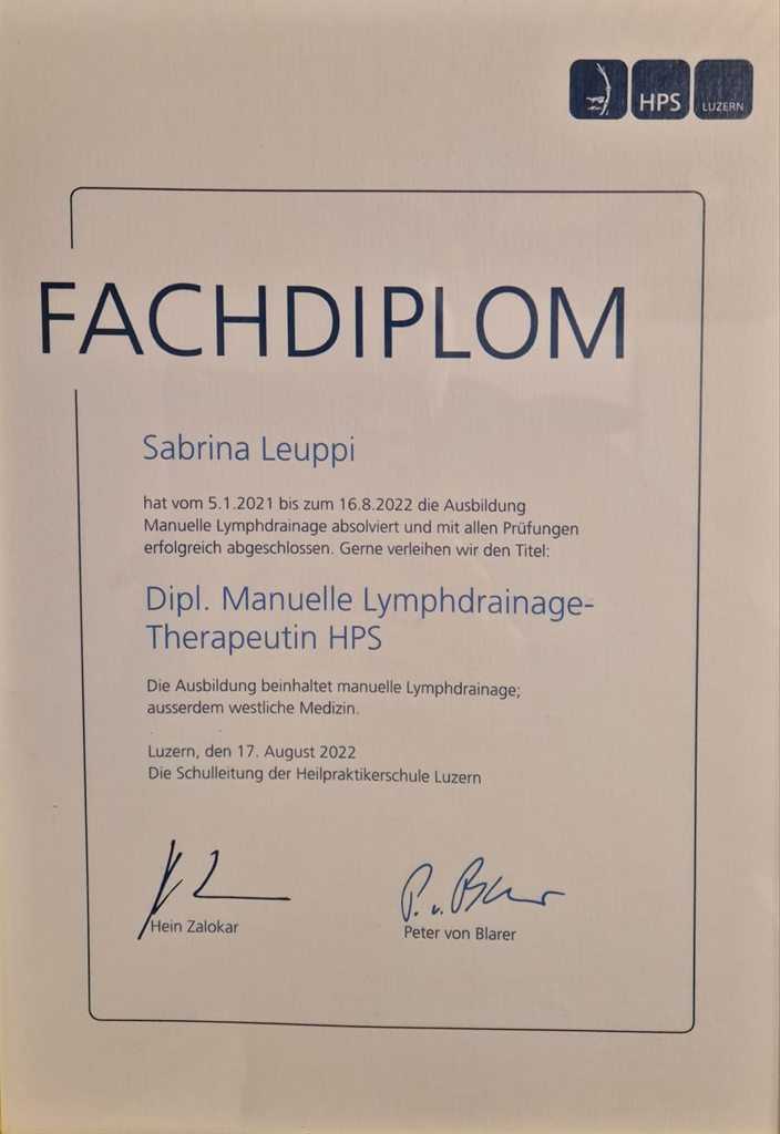 Fachdiplom Dipl. Manuelle Lymphdrainage-Therapeutin HPS Luzern, August 2022
